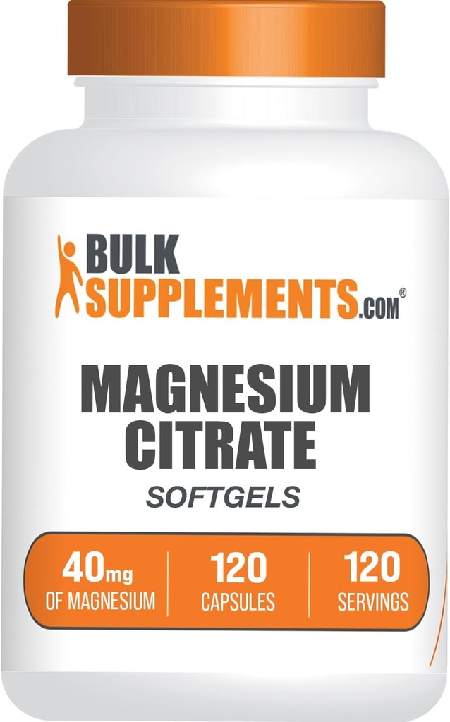 BulkSupplements.com Citrato de magnesio Softgels - Suplemento de magnesio, Suplemento de Citrato de magnesio - Gluten Free, 1 Softgel por Serving (40 mg de Magnesio), 120 Conde (Pack de 1)