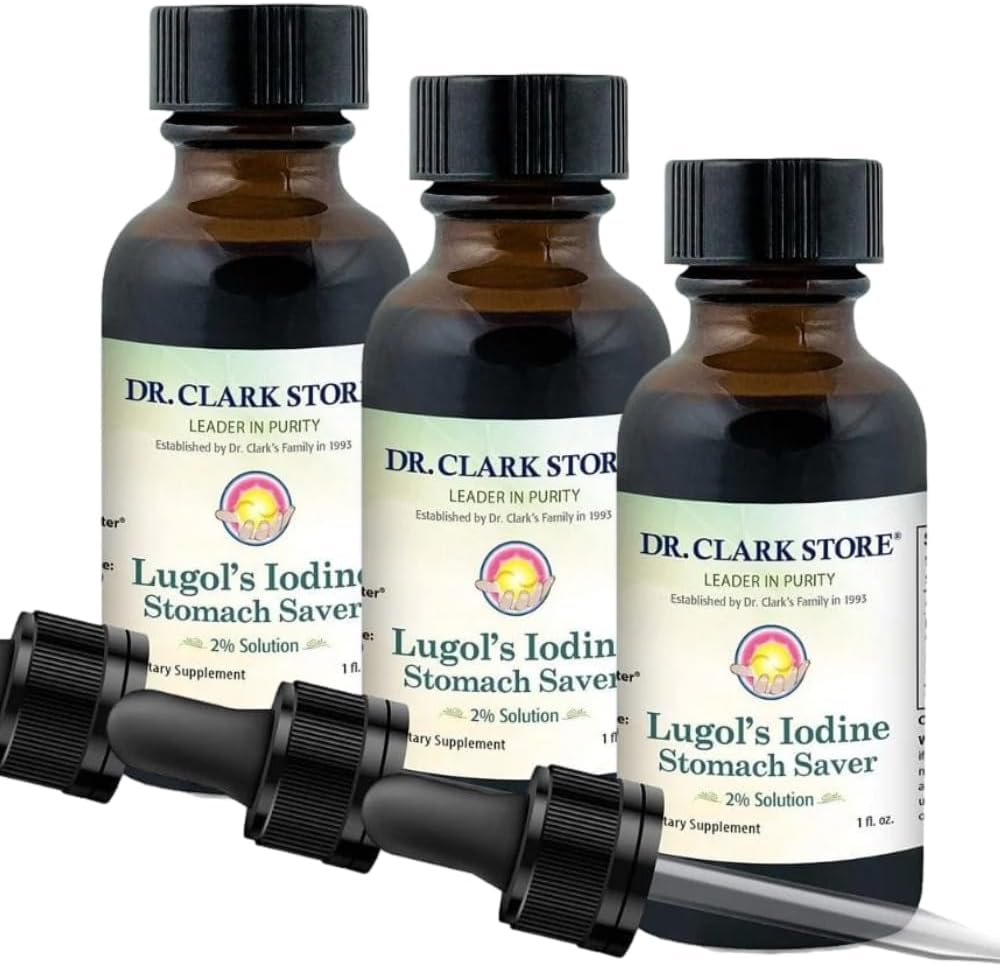 Solución 2% del Dr. Clark Lugol - Aqueous and 2% Granular Iodine - Natural Stomach Relief and Healthcare - 1 fl. Oz with a Dropper 3Pack