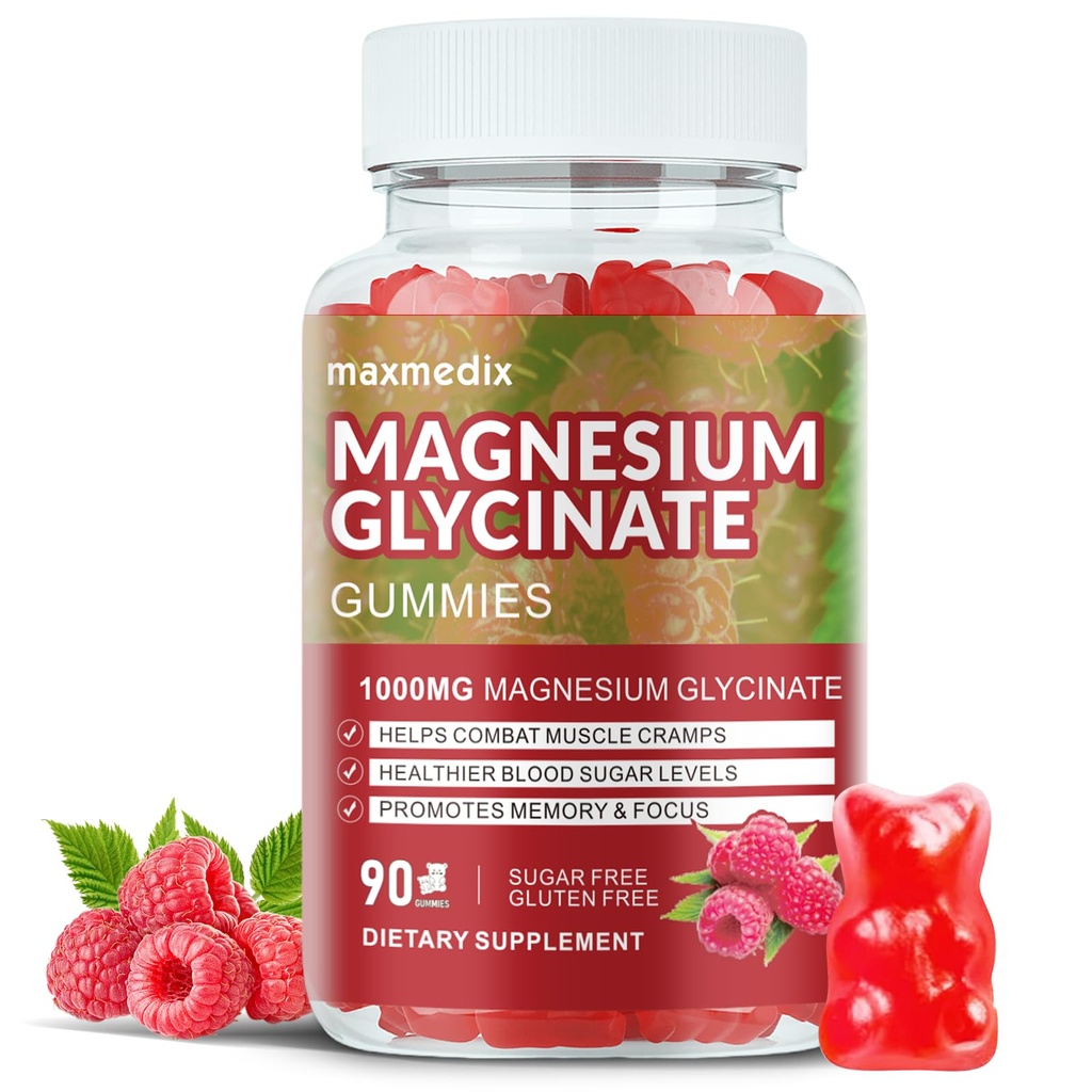 Magnesio Glycinate Gummies 1000mg, Azúcar suplementos de potasio libre de magnesio Chewable para adultos con L-Threonate para el sueño, el apoyo corporal y la relajación,90 Raspberry Gummies