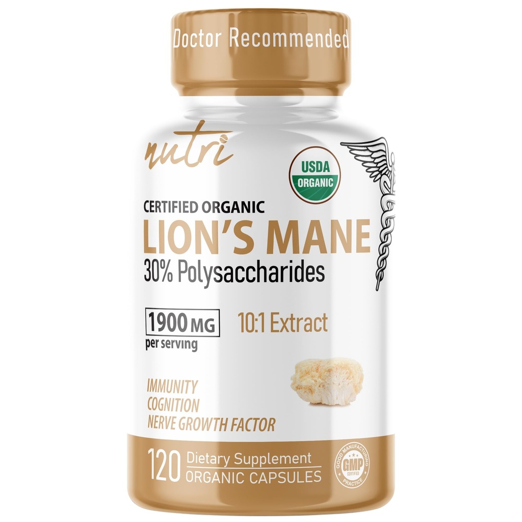 Nutri Organic Lions Mane Supplement Capsules - 1900 mg, 10:1 Dual Extraction, 120 Count - Certified Organic Mushroom Extract (Fruiting Body) - Third Party Tested - Cognitive Support, Heart Health