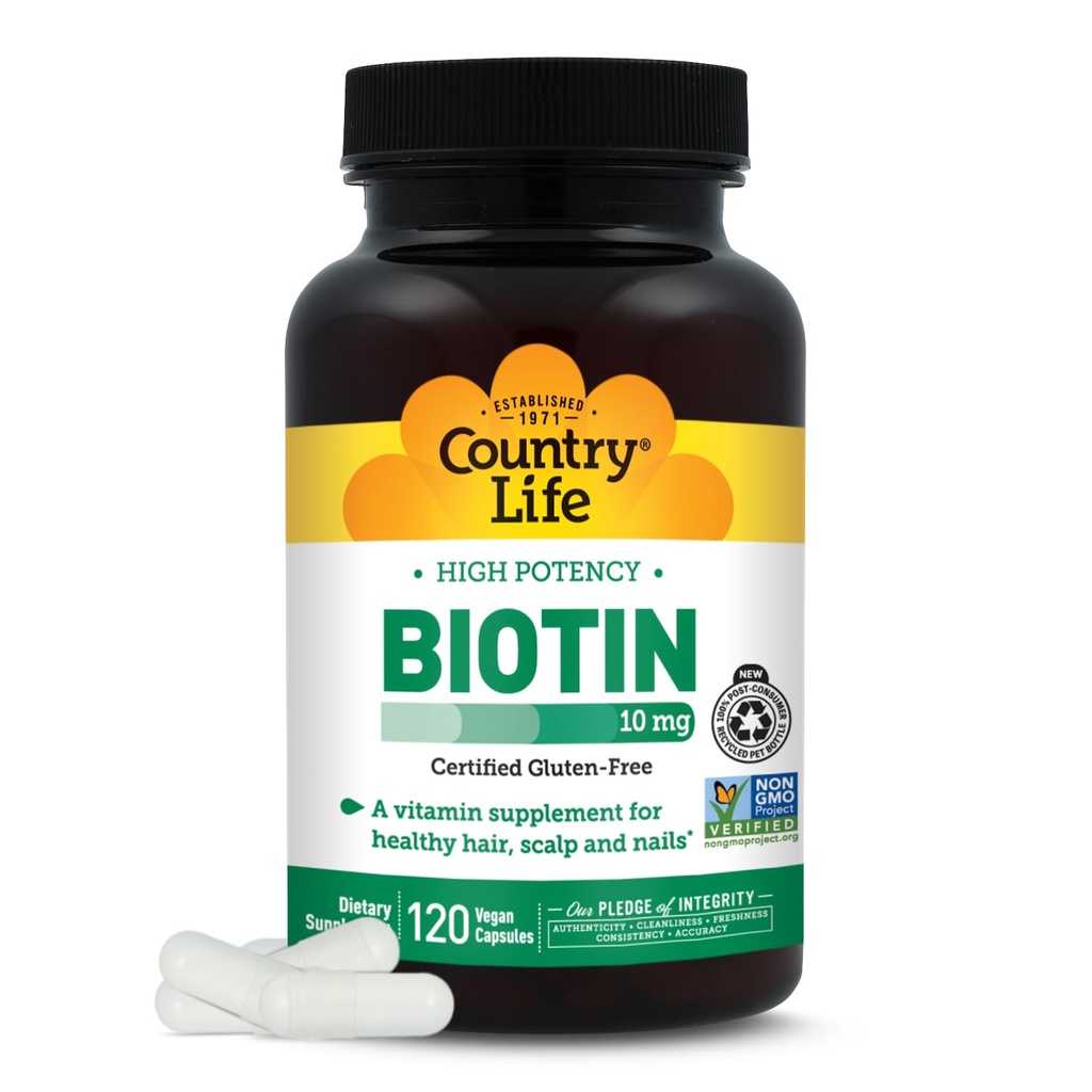 Country Life High-Potency Biotin 10mg - Vegan & Gluten-Free Biotin Supplement for Skin & Nails, Energy Metabolism - Biotin 10000mcg Capsules