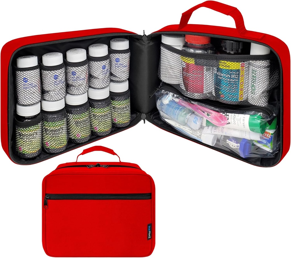 Large Padded Pill Bottle Organizer, Medicine Bag, Case, Carrier for Medications, Vitamins, and Medical Supplies with Fixed Pockets - for Home Storage and Travel - Red (Without Lock)