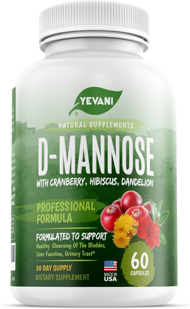 100% Puro D-Mannose Capsules 1000 mg con Cranberry, Hibiscus y Dandelion Extract, Fast Acting Professional UTI Prevention Formula for Urinary Tract Health and Bladder Support