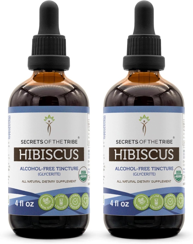 Secretos de la Tribu Hibiscus USDA Orgánica Silencioso Sin alcohol Extracto (2 pcs.), Sucesos herbales de alta potencia Silencioso Hecho de 100% Certificado Hibiscus Sabdariffa Flor seca 2x4 oz