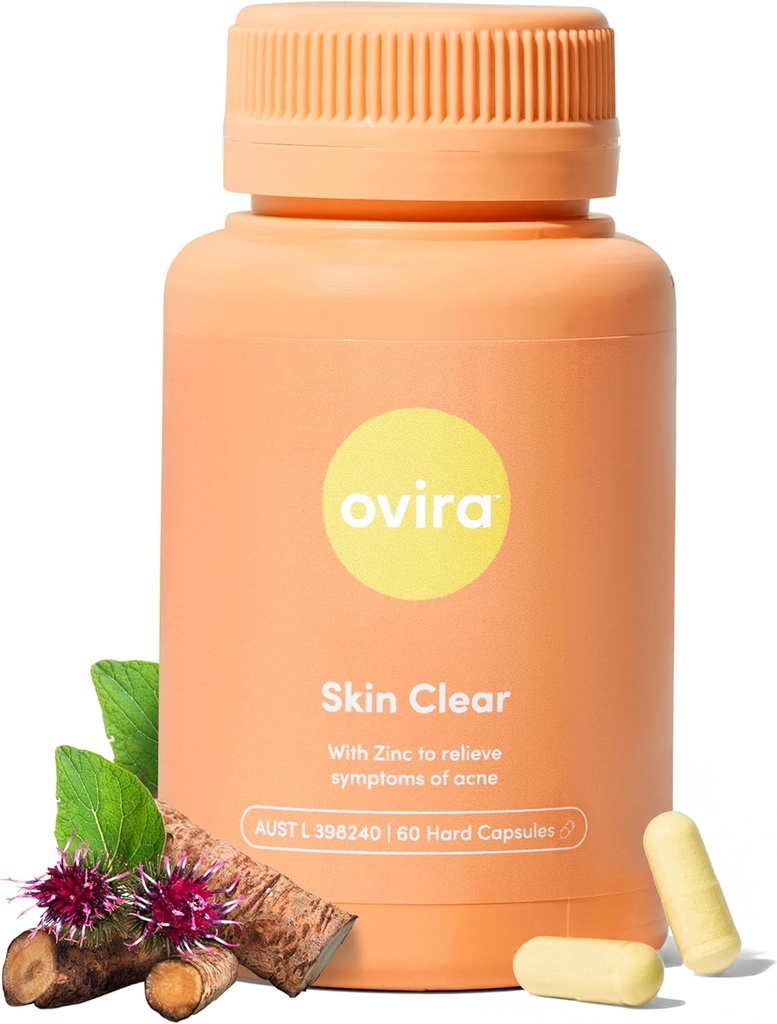 Ovira Skin Clear with ZINCBRIGHT - 60 cápsulas para la piel clara de flexión Rosacea " Tratamiento de acné hormonal con vitamina C Silencioso Soporte Producción de colágeno ¦ Suplementos de acné para mujeres " Hombres - Pack of 1