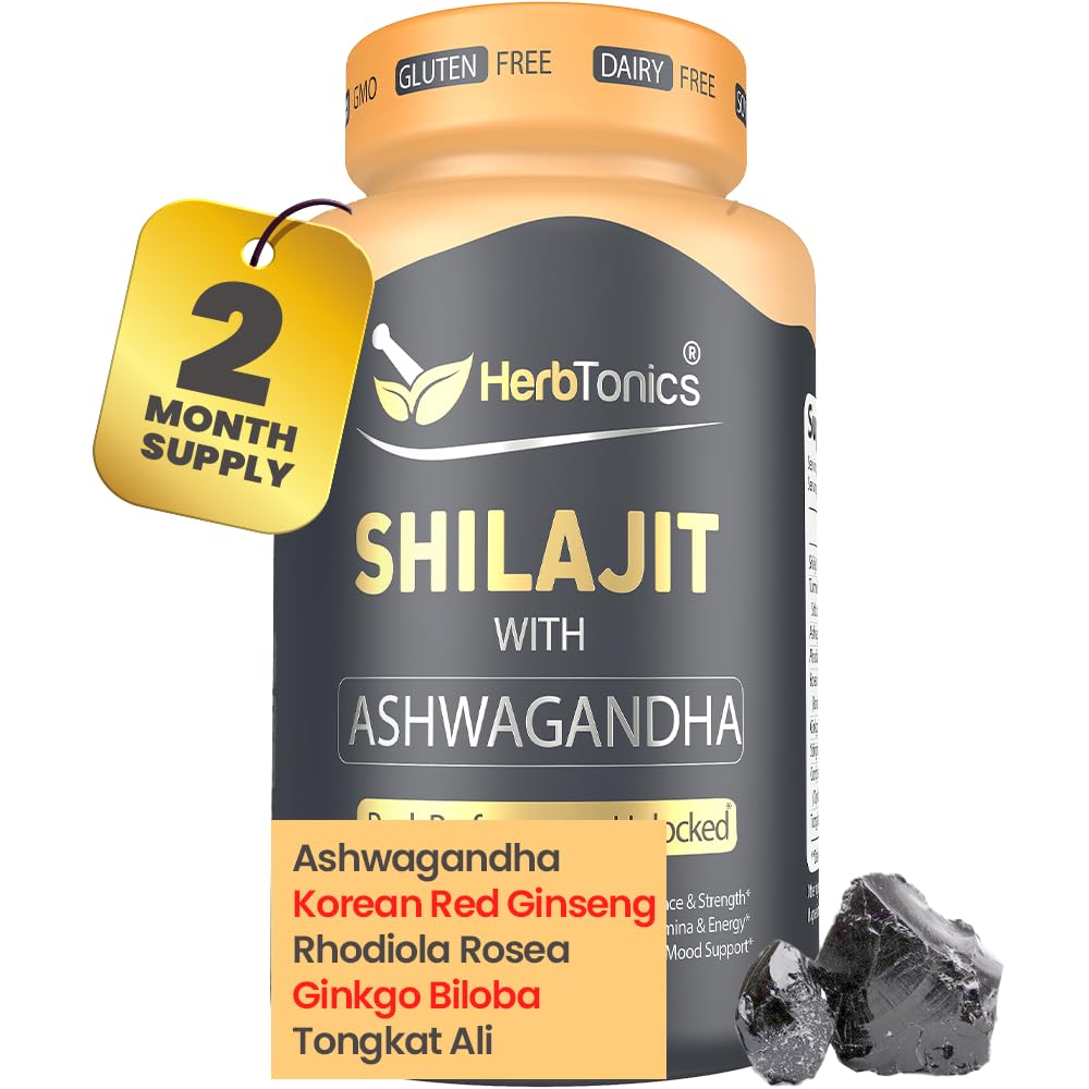 Herbtonics Shilajit for Hombres " Mujeres con Ashwagandha, Korean Red Ginseng, Rhodiola Rosea, Ginkgo Biloba, Tongkat Ali ← Fulvic Acid " Trace Minerals for Stamina " Immunity ← 60 Vegan Capsules