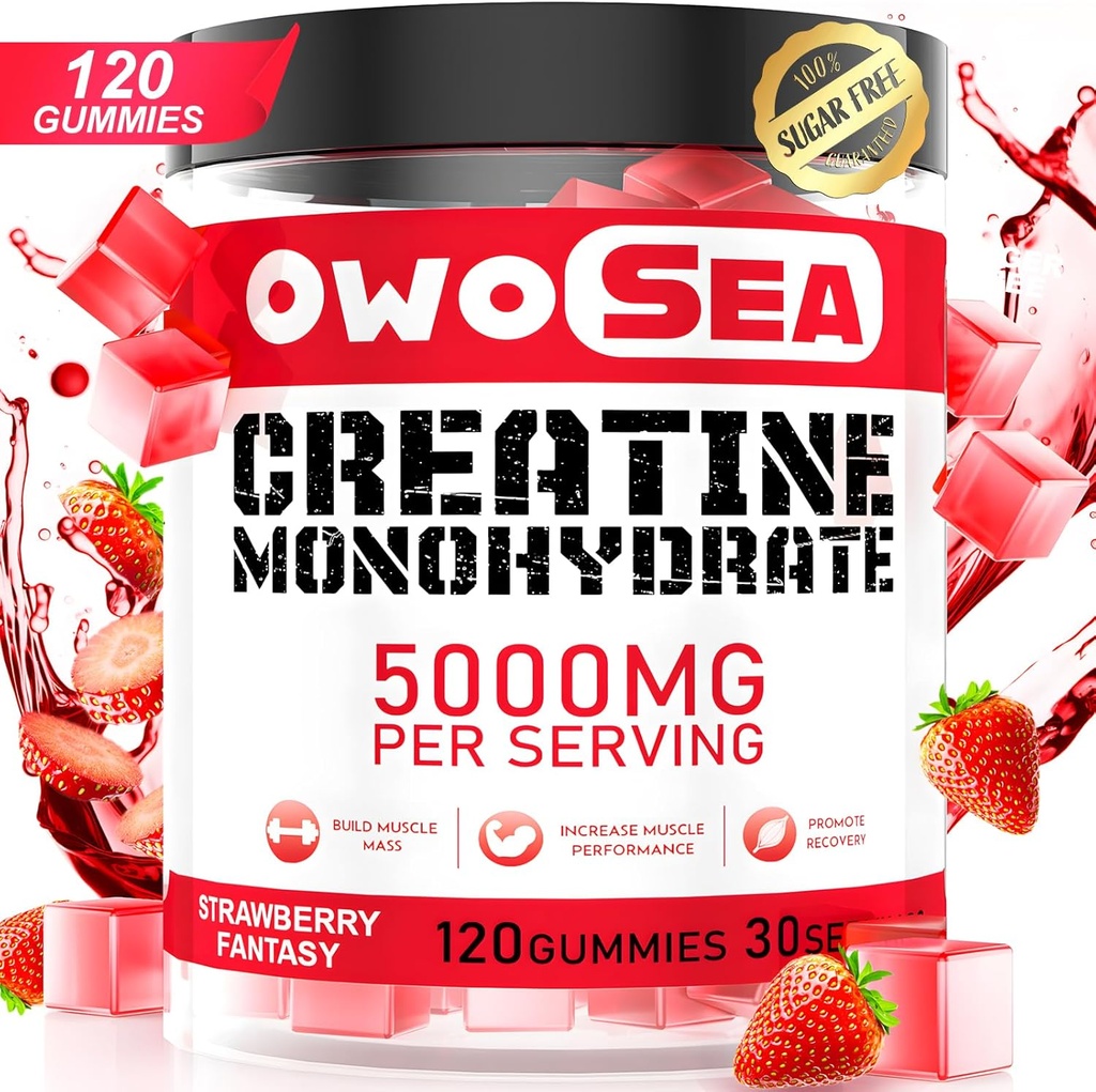 Cretina Monohydrate Gummies for Men &amp; Women 5000mg Cretine Monohydrate per Serving for Muscle Support Energy Boost 120 Cuenta Chewable 5g Suplemento Creatine Sugar Free Vegan (1 Pack, Strawberry)
