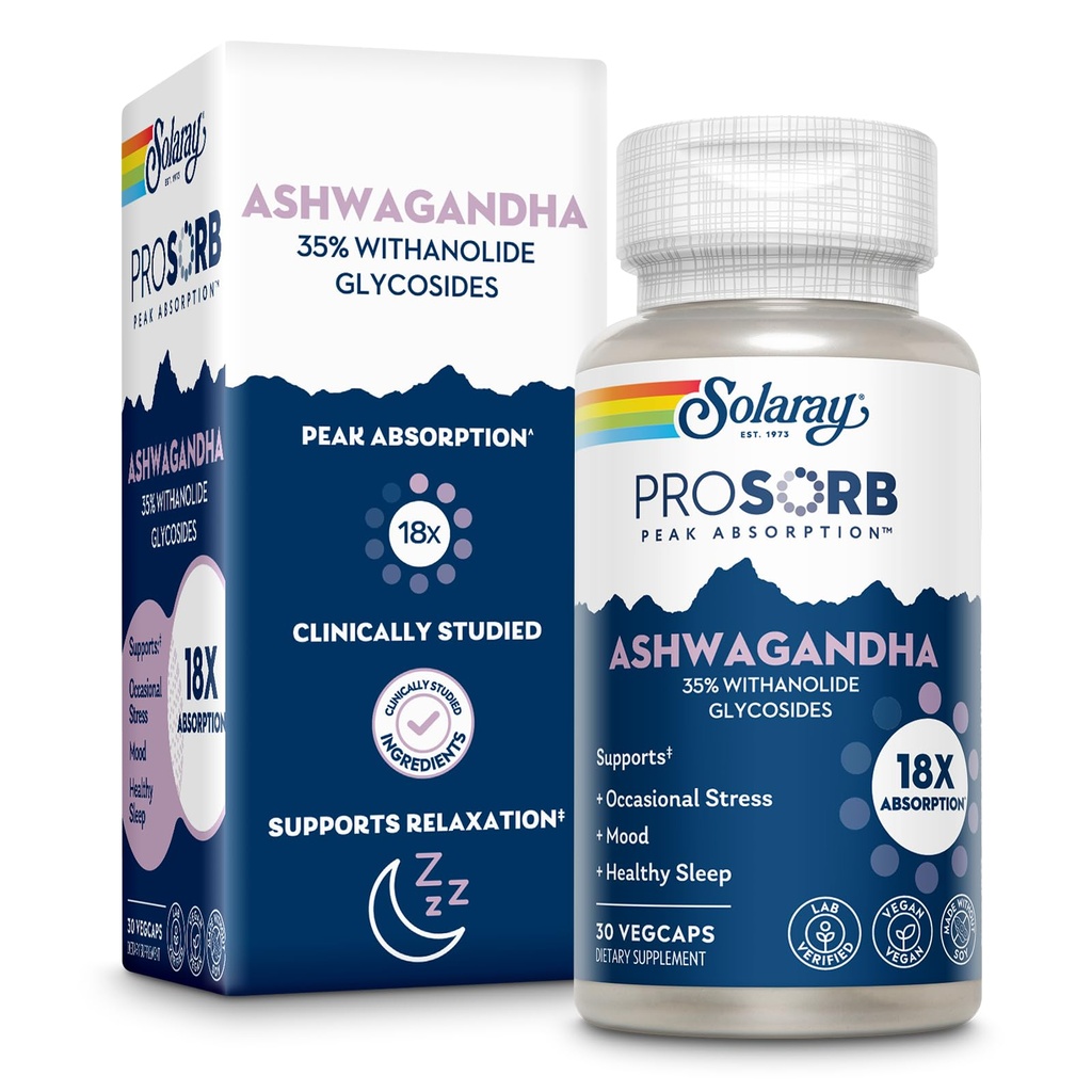 SOLARAY Ashwagandha Capsules 18X Absorption - Ashwagandha Root and Leaf Extract 240 mg - Occasional Stress Relief and Mood Support Supplement - Vegan, 60-Day Guarantee - 30 Servings, 30 VegCaps