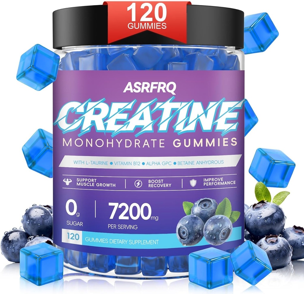 Cretina Monohydrate Gummies for Men &amp; Women 120 CT - 7200mg de Monohidrato de Creatina por Serving, Monohidrato de Creatina Chewable para el apoyo muscular " Energy Boost, Sugar Free, Vegan (BlueberryFlavor)