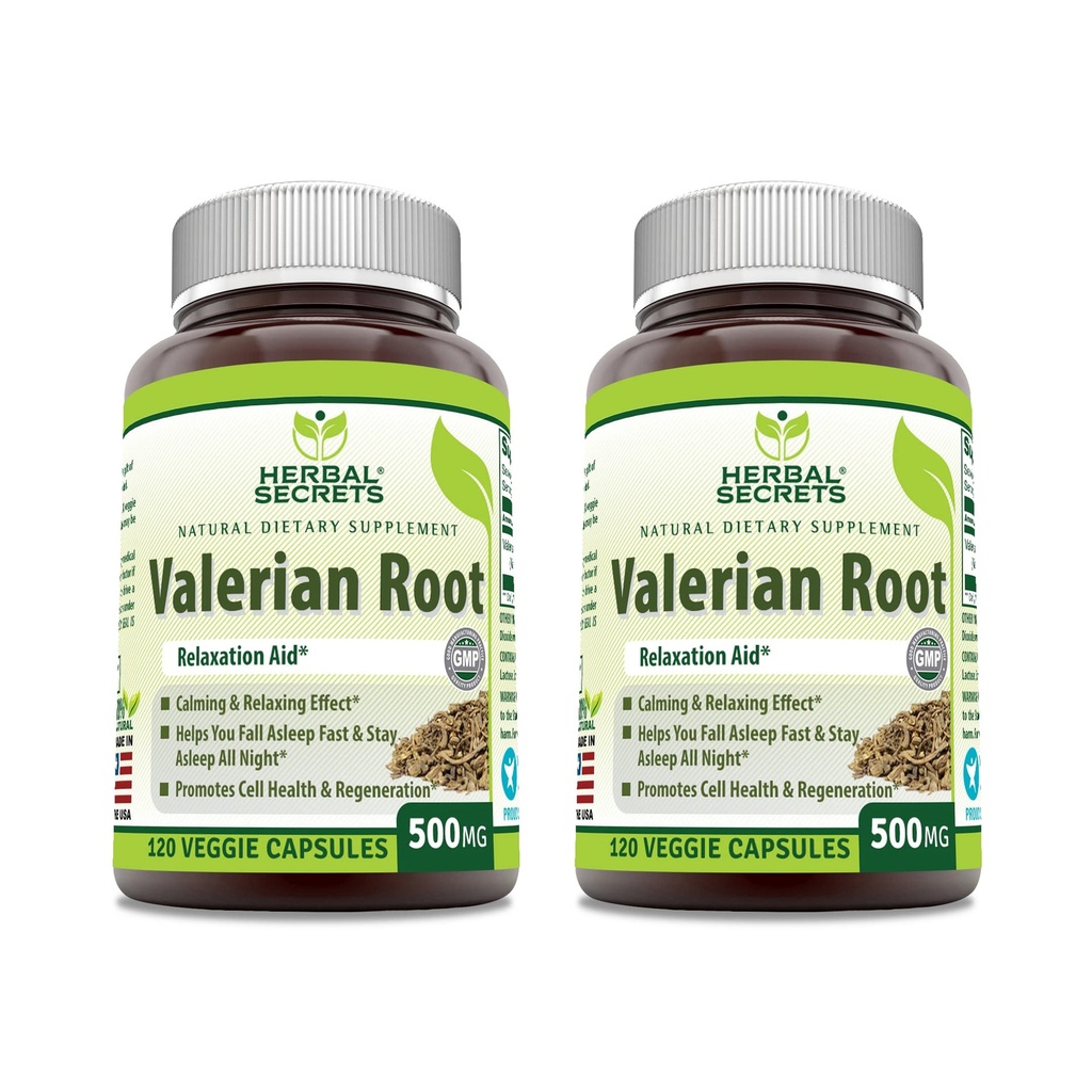 Herbal Secrets Valerian Root 500 Mg Suplemento Silencio Veggie Capsules Silencio No Gluten-Free Silencio Made in USA (2 Pack, 120 Conde)