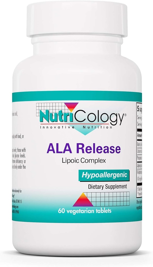 Nutricology ALA Release - Complejo Ácido Alfa-Lipoico, R-Alpha-Lipoic, Biotina, Calcio, Suplemento Nutricional, Tablas Vegetarianas - 60 Conteo