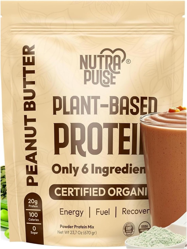 Organic Vegan Protein Powder – Peanut Butter Flavor, Plant-Based, Gluten-Free, Non-GMO, Soy-Free, 20g Protein Per Serving, Ideal for Smoothies, Shakes, Baking, Cooking (1 Pack, 20 Servings)