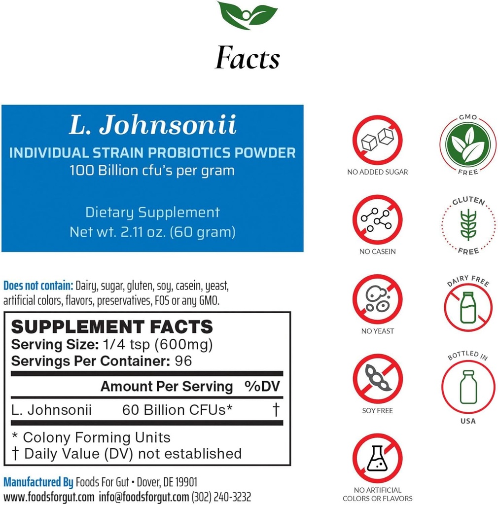 Alimentos para Gut Lactobacillus Johnsonii Powder Probiótico 100 Billion cfu's Silencio No Additives ← Direct from Manufacturer ← No Third-Party Storage ← Immune Support  L. Johnsonii ← 60 Grams (2.11 Oz)