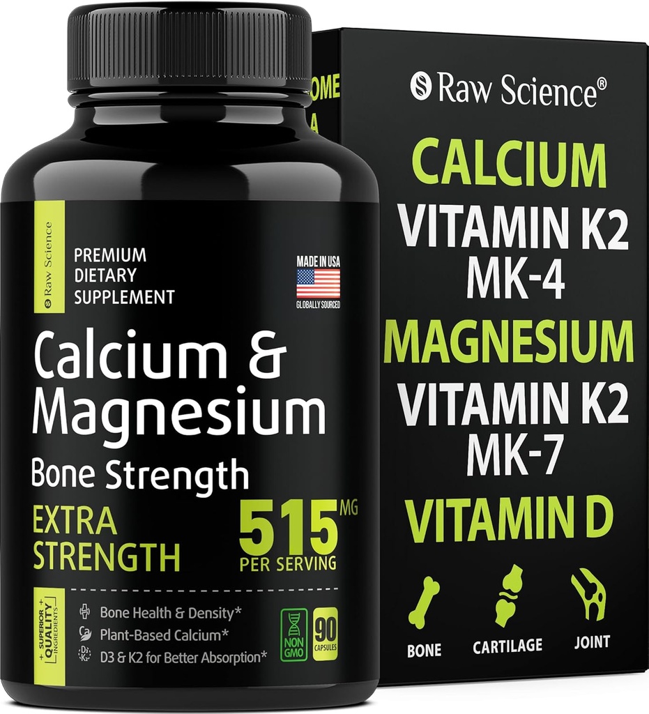 Citrato de calcio con vitamina D3 K2 &amp; Magnesium Glycinate - Suplemento de fuerza de hueso - Suplementos de calcio basados en plantas para hombres y mujeres - Magnesio y calcio D3 K2 pastillas para la salud de huesos - 90 cápsulas