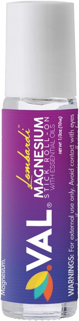 VAL Lombardi Magnesium Stick Rollon con Peppermint &amp; Otros aceites esenciales - Comodidad de enfriamiento para su cabeza. Metal Roller. Hecho en Estados Unidos. 10 ml.