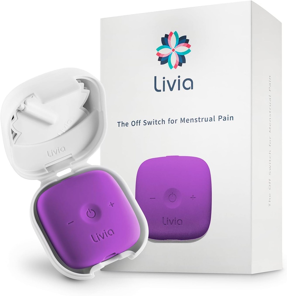 Livia Menstrual Pain Relief Device, Purple – Off-Switch para el Dolor de Período – Recargable " , hasta 12 horas de batería – Kit completo con Pads Stick-On – The Go-to Travel Partner