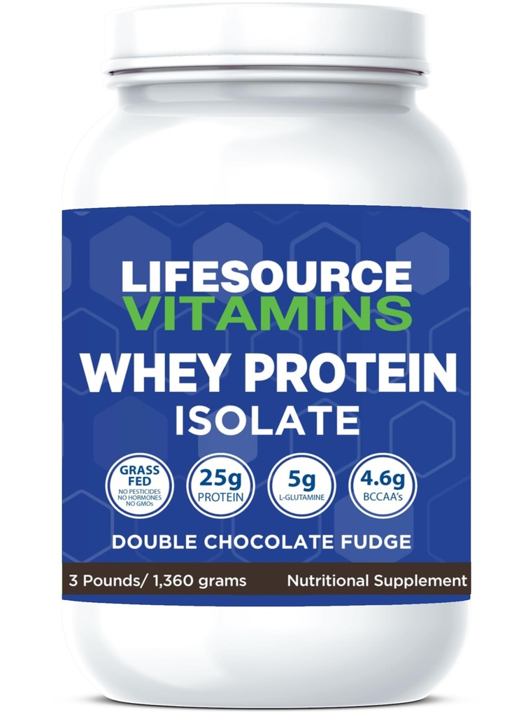 LifeSource Vitamins 3 lb - US Dairy Cows Grass Fed Whey Protein Isolate - Double Chocolate Fudge sweetened w/Stevia - 3 lb Powder