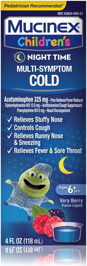 Frío, Tos y Fiebre, Mucinex Niño Multi-Síntoma, Tiempo nocturno líquido frío, Berry mixto, 4oz, Reduce la fiebre, los controles tos, Alivia la nariz sofocante
