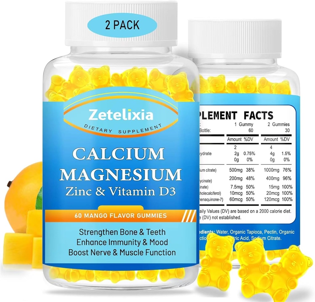 Calcio Magnesio Zinc Gummies para Adultos &amp; Niños,1000 mg Sugar Suplemento de Citrato de Calcio Gratuito, Alta Absorción Magnesio Glycinate Gummies with Vitamin D3 & K2 - Bone &amp; Muscle &amp; Immune Health (2 Pack)