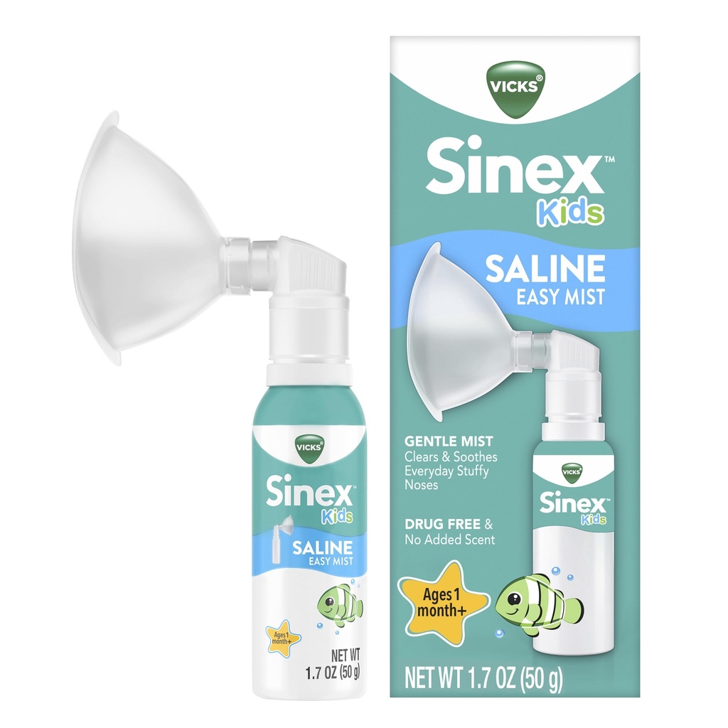 Vicks Sinex Kids Saline Easy Mist, Drug Free Saline, Ages 1 Mes+, Gently Clears and Soothes Todos los días Stuffy Noses, Safe for Daily Use, 1.7 OZ