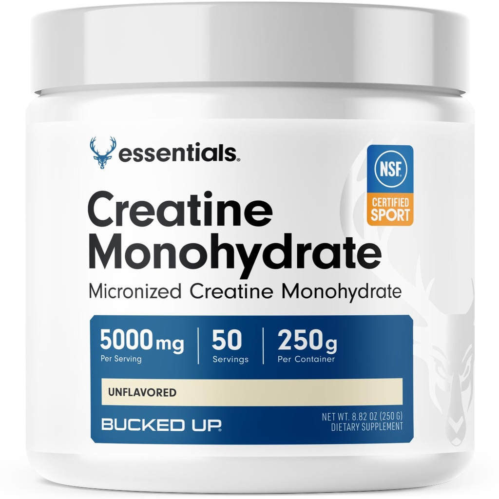Bucked Up Pure Micronized Creatine Monohydrate for Women and Men - Easy to Mix and Unflavored - 5G Per Serving - 50 Servings - 250 Grams Per Container