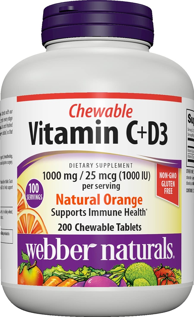 Webber Naturals Vitamina C+D3, 200 Tablas de naranja Chewable, 1000 mg de Vitamina C con 1000 UI de Vitamina D3 Por Servir, Huesos, Dientes, Apoyo Inmunitario y Antioxidante, No GMO, Dairy &amp; Gluten Free