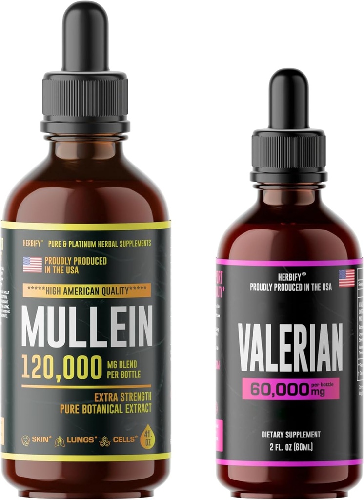 HERBIFY Bundle - Mullein Leaf Extract " Valerian Root Tincture - Soporte respiratorio " Nervous System Support