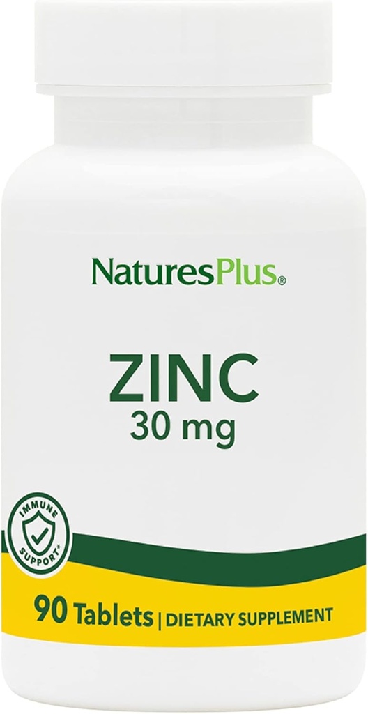 NaturesPlus Zinc Tablets - 30 mg, 90 Vegetarian Tablets - Immune System Supplement for Cellular Growth & Repair - Promotes Healthy Digestion, Metabolism & Vision - Gluten-Free - 90 Servings