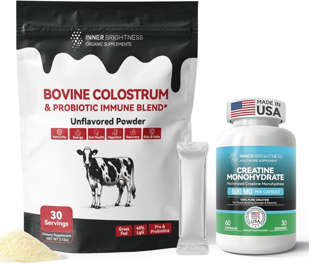 Colostrum Suplemento Polvo para Gut, Immune Health & Nutrient Absorption, 30 Servidores + Cápsulas de Monohidrato Creatino para el constructor muscular