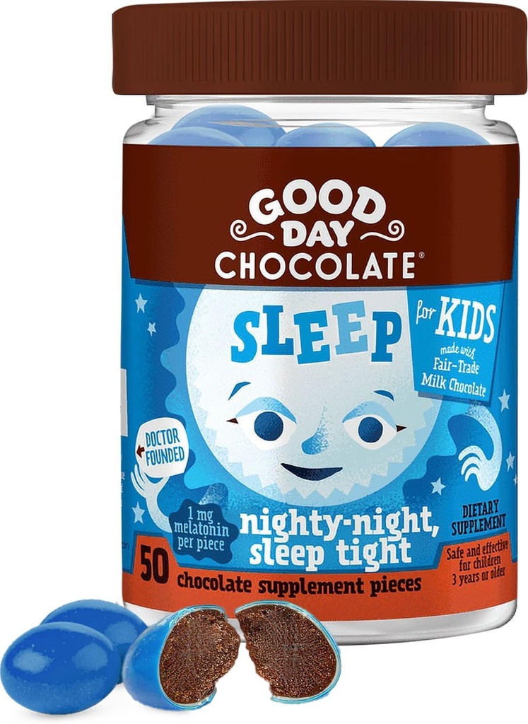 Buenos días Melatonina de Chocolate para Niños [50 Cuenta] - Chocolate de Comercio Justo sin GMO con manzanilla y melatonina 1 mg - Toddler Melatonin, Kids Natural Sleep Aid for Ages 3 y Up