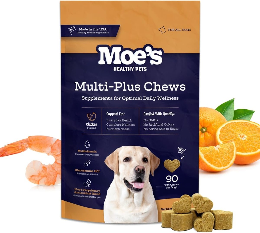 Moe’s 5-in-1 Essential Dog Multivitamin 90 Chicken Flavored Chews for Dog's Immune Support, Heart, Skin, Coat, & Overall Health- Vitamins A, B12, C, D, E, Antioxidants, Omega 3 for All Ages & Breeds