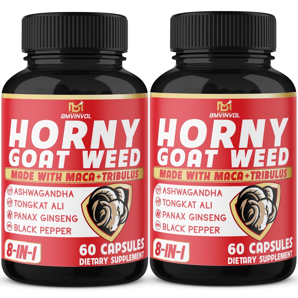 BMVINVOL (2 Packs) Horny Goat Weed Capsules with Maca, Tribulus, Ginseng. Ashwagandha,Tongkat Ali - 8-in-1 for Support Energy Levels