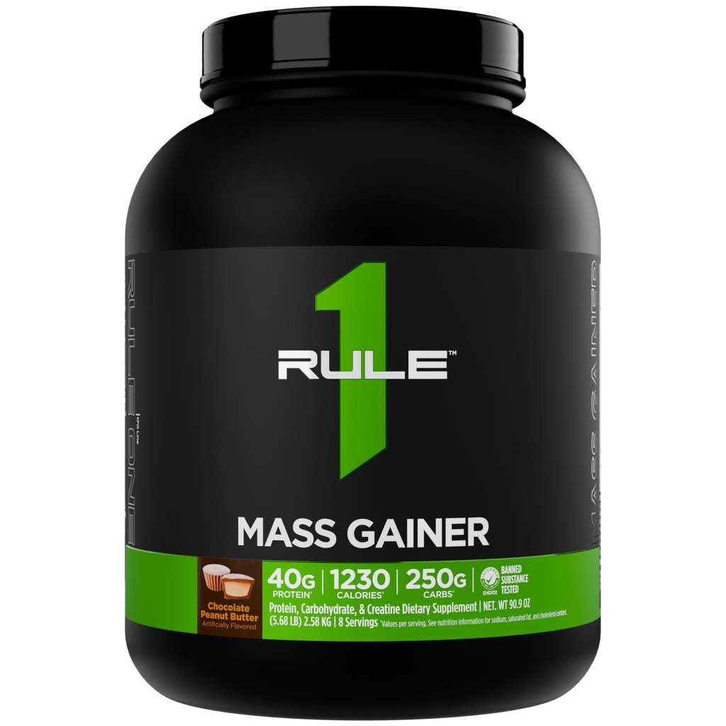 Regla 1 Gainer de Masa - Fórmula de alto nivel con 1.220+ Calories, 250g+ Complejo Carb Blend, 40g All-Whey Protein Por Servir (8 Servimientos, mantequilla de maní de chocolate)