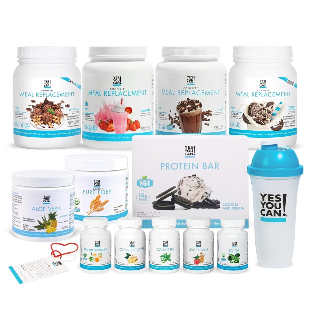 ¡Sí puedes! Kit todo-en-uno con sacudidas de reemplazo de comida, mezcla de bebida de Aloe Vera, mezclador de afeitado de fibra, caracol de proteína, suplementos - Kit completo de bienestar