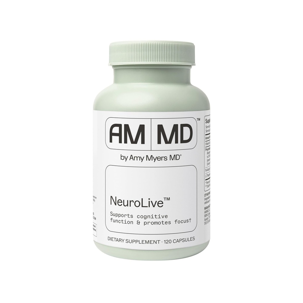 Amy Myers MD NeuroLive - Suplemento de Salud Cerebro para Función Cognitiva & Focus Support - con Vitamina B - Libre de gluten, No-Dairy " Non-Soy - 120 cápsulas (60 piezas)