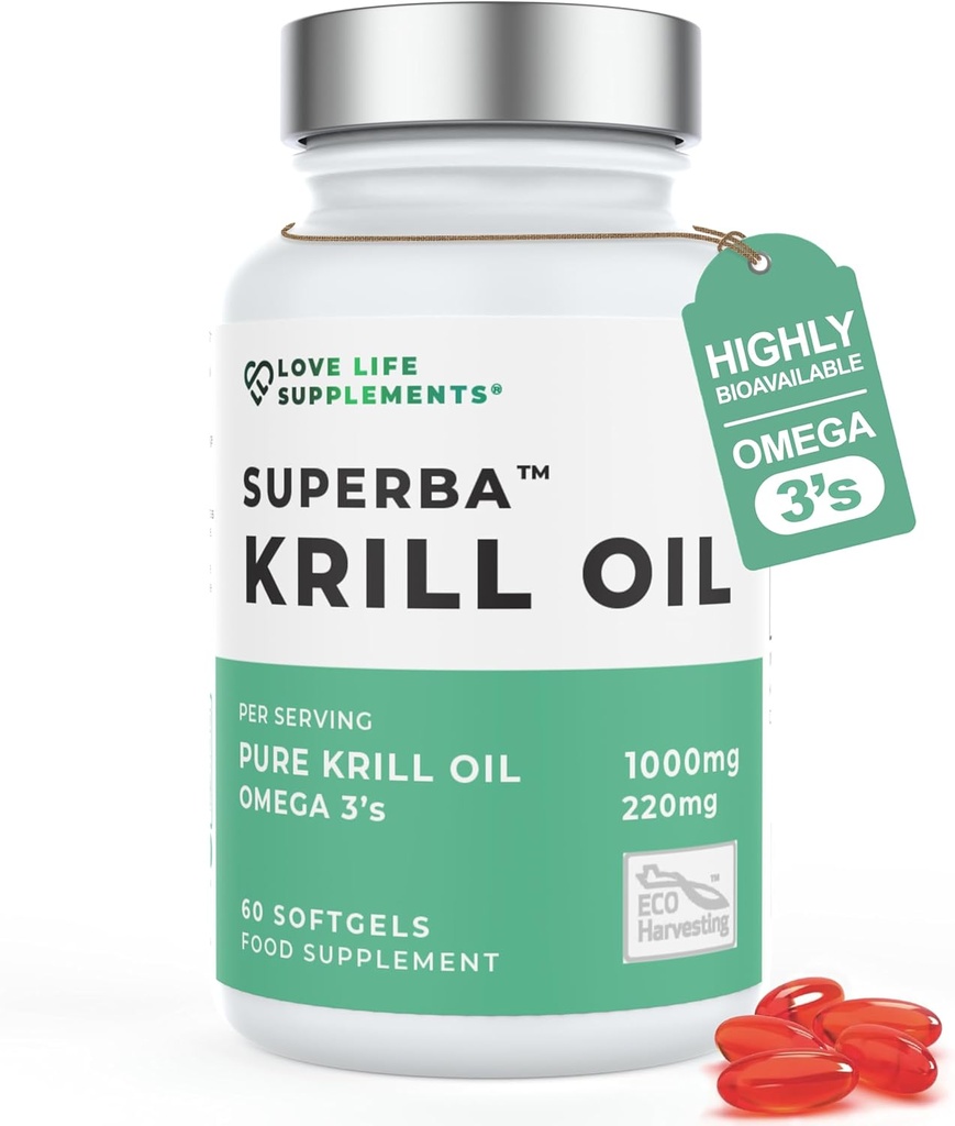 Krill Oil Omega 3 capsules High Strength 1000mg ← Sosteniblemente Pescado en la Antártida 60 Red Softgels ← Suplementos de Atención Conjunta Silencioso con poderoso Antioxidante Astaxanthin y fosfolípidos para la Absorción