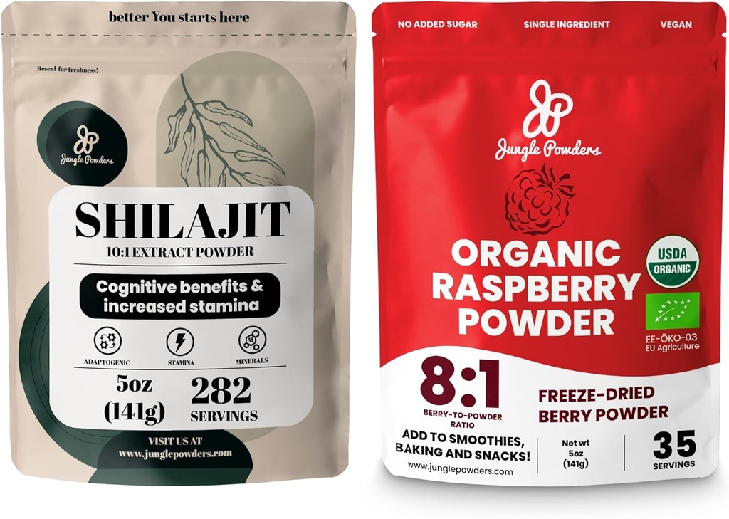 Cabañas de Jungle Superfood Bundle: 5oz Shilajit crudo & 5oz Combo de pólvora orgánica - Soporte energético para hombres, Immune Boost, USDA Certified Freeze-Dried Red Raspberries for Baking, Smoothies