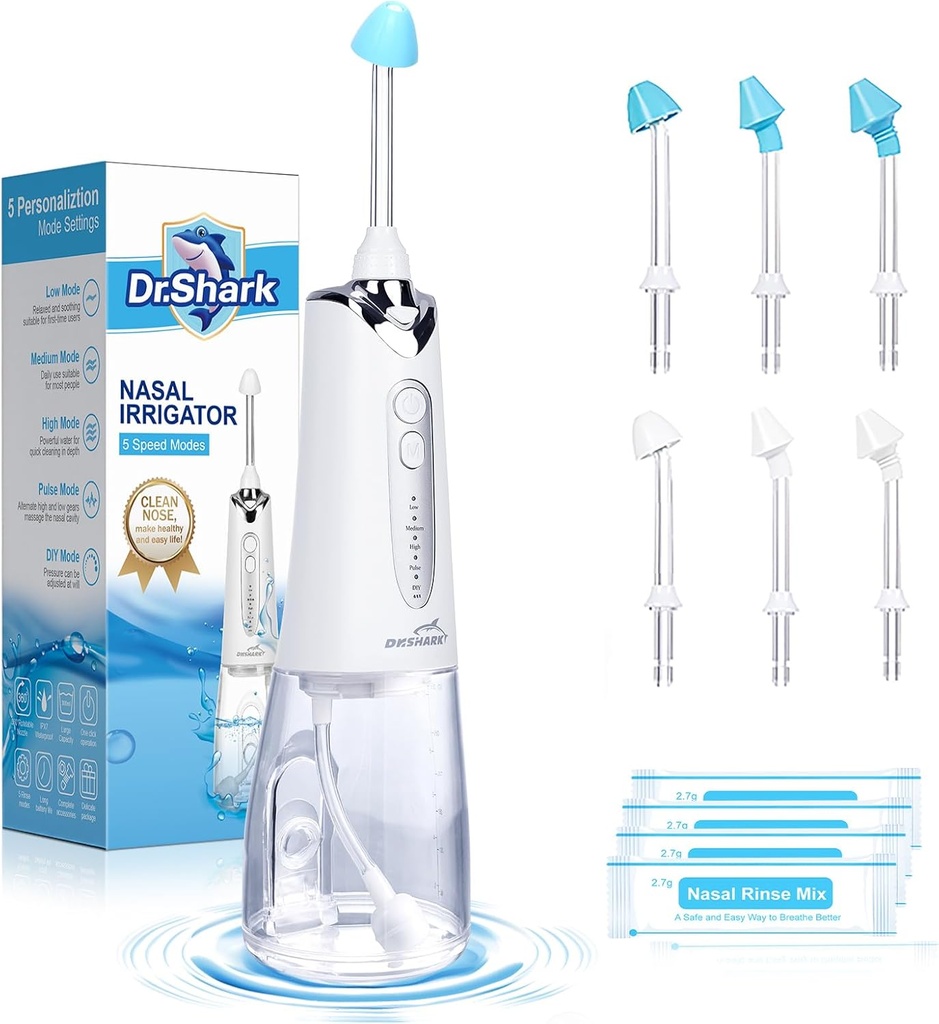 DR.SHARK Sistema de riego sin cables, Pot de red eléctrica para Sinus, Limpiador de nariz, Máquina limpiadora de sinusitis, 5 modos