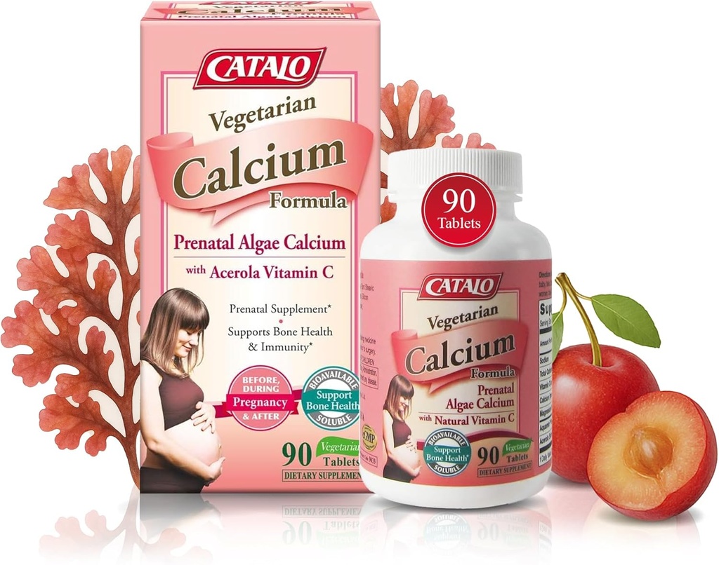 Suplementos de Calcio Vegetariano CATALO para Mujeres - Calcio de Algas Rojas de base vegetal con Magnesio &amp; Vitamina C para la Absorción Mejorada - 90 Tabletas