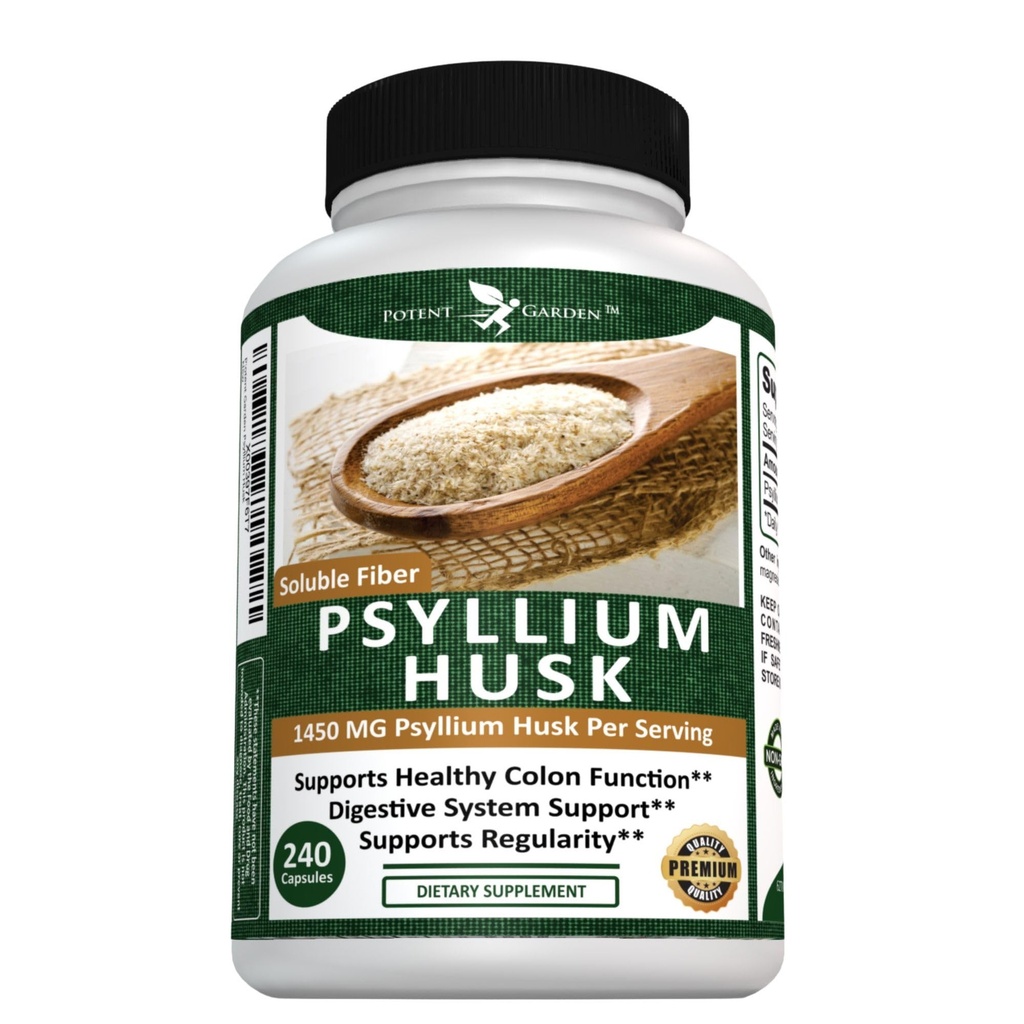Potent Garden Psyllium Husk Capsules Todos los suplementos de fibra dietética natural y potente ayuda a apoyar la regularidad y la digestión, 240 cápsulas