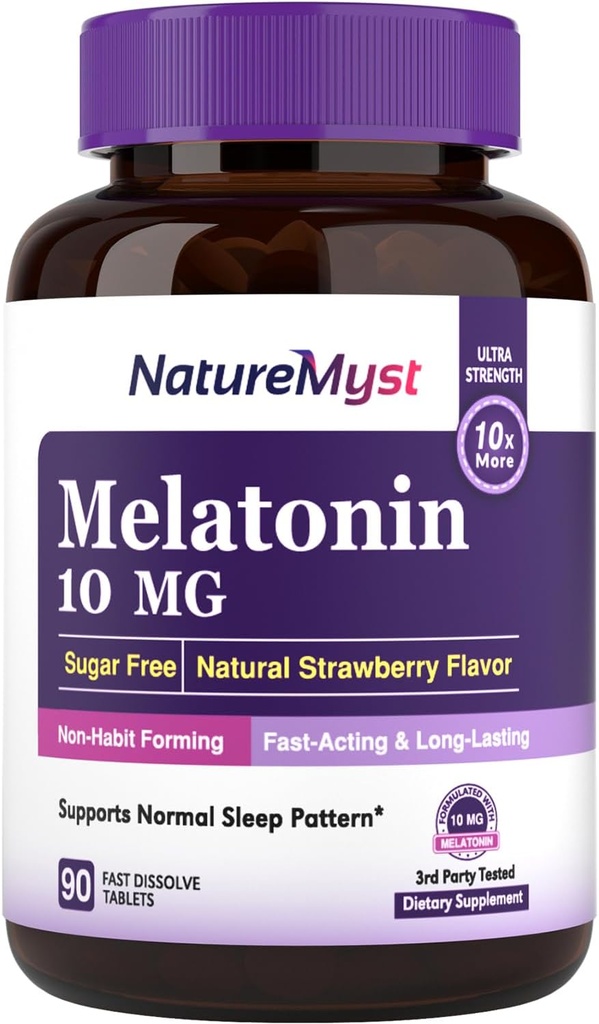 Melatonin 10 MG, Fast Dissolve Tablets, Ultra Strength, Non-Habit Forming, Sleep & Calmness Support, No Sugar, Natural Strawberry Flavor, 90 Tablets