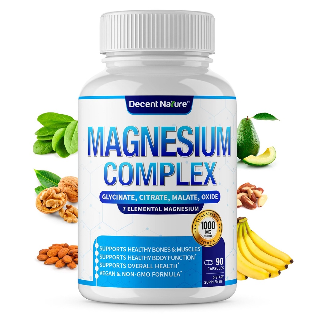 Magnesio Complejo 7 Magnesio Elemental Suplemento 1000mg - Magnesio Glycinate, Citrato, Malate, Taurate, Oxide, Aspartate, Orotate No GMO 90 cápsulas