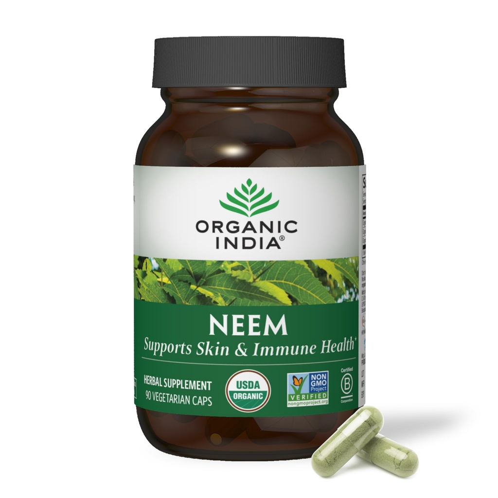 ORGANIC INDIA Neem Leaf Capsules - Suplemento herbario, soporta Skin &amp; Immune Health, Vegan, Gluten Free, USDA Certified Organic - 90 Count