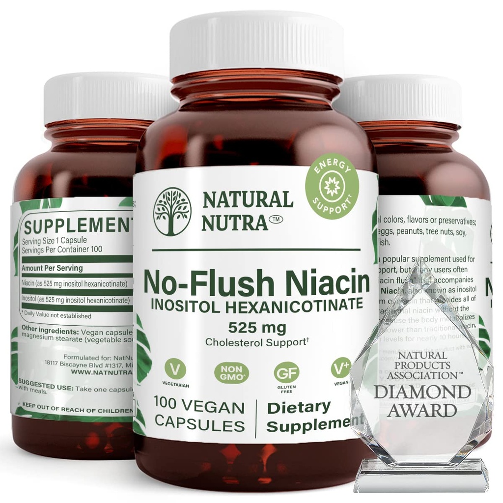 Nutra natural No Flush Niacin, Suplemento de vitamina B3, ayuda a mejorar la salud cardiovascular, ayuda a mejorar la textura de la piel, promueve una mejor función cerebral, ayuda a aumentar el nivel de energía 525 mg, 100 cápsulas