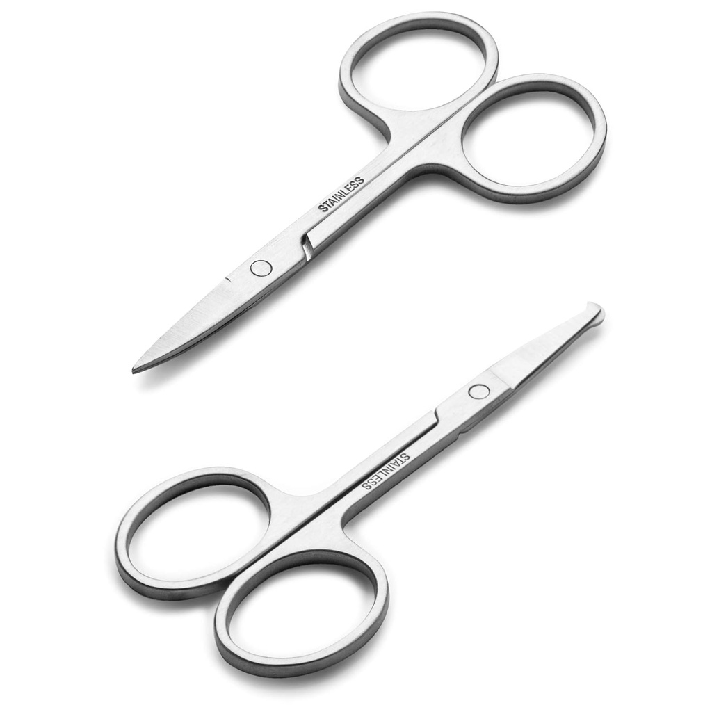 Tijeras de peluquería facial para hombre mujer - ceja, cabello de nariz, bigote, barba, pestañas, kit de recortado de oído - Clippers de seguridad curvadas y redondeadas para corte de pelo - 2PCS plata