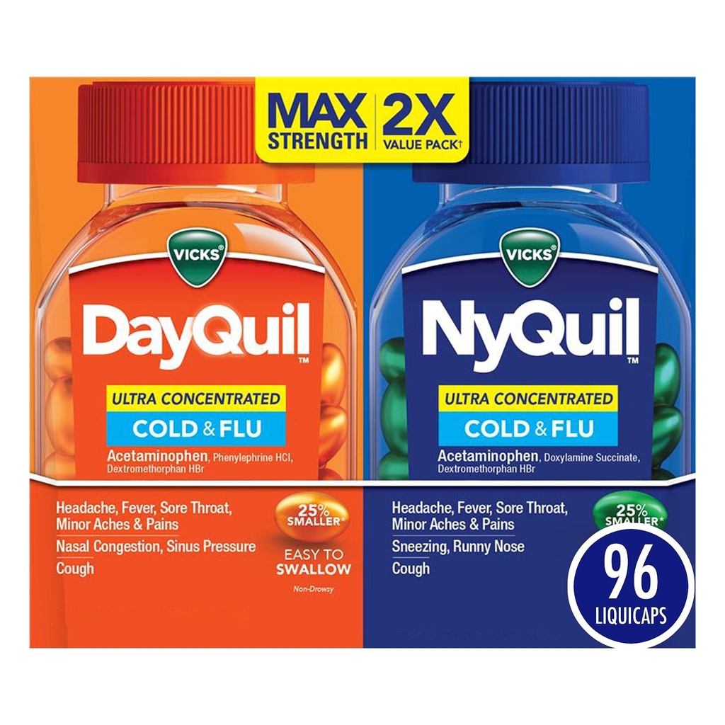 Vicks DayQuil &amp; NyQuil Ultra Concentrated Liquicaps Co-Pack, Cold & Flu Medicine, Powerful Multi-Symptom Daytime & Nighttime Relief for Headache, Fever, Sore Throat, Minor Aches & Pains, " Cough, 96ct