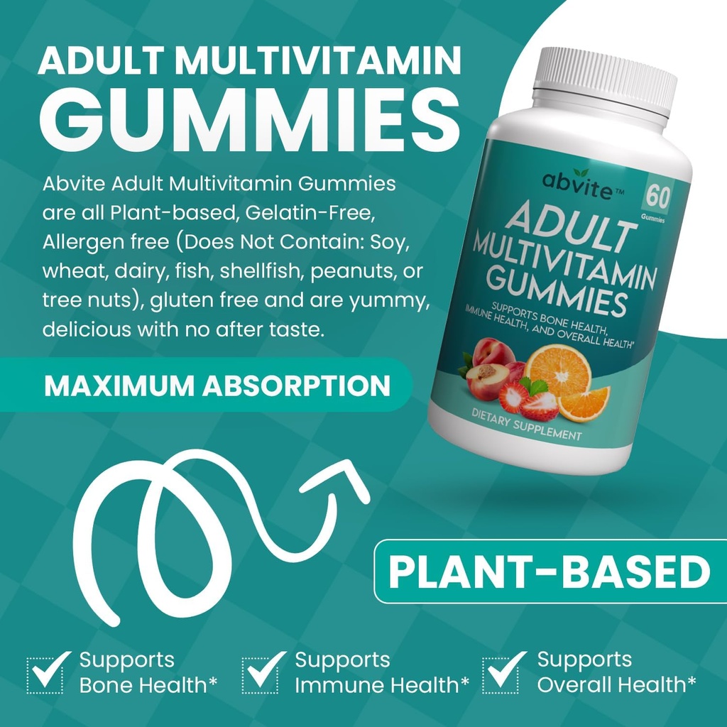 Plant-Based Multivitamin Gummies, Daily multivitamins for Men and Women with Vitamins A, C, D, E, B-3, B-6, B-12, Biotin, inositol, Non-GMO, Gluten Free, 60 Count (30 Days Supply)