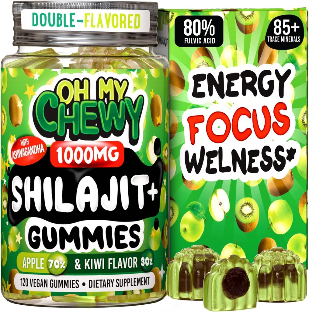 Pure Himalayan Shilajit Gummies - High Potency Gold Grade Resin - Energy Boost and Immune Support for Hombres and Women with Ashwagandha and Shatavari - 120 Gummy - Apple & Kiwi