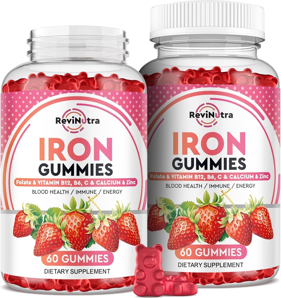 Iron Gummies - with Calcium, Zinc, Folate & Vitamin B12, C, B6 for Adults & Kids - Blood Builder & Energy Support for Iron Deficiency, Anemia, Vegan - 2 Pack Strawberry Flavour,60 Gummies