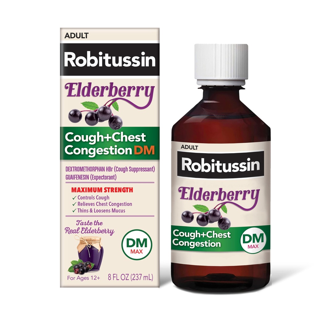 Robitussin Maximum Strength Elderberry Cough Plus Chest Congestion DM, Cough Suppressant for Adults, Provide Liquid Cough and Chest Congestion Relief - 8 Fl Oz